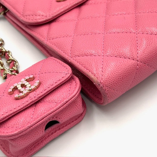 シャネル CHANEL キャビアスキン Airpodsケース付き スマホショルダー バック