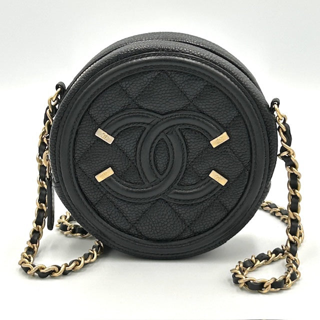 シャネル CHANEL CCフィリグリー キャビアスキン マトラッセ 丸型 チェーンショルダーバック