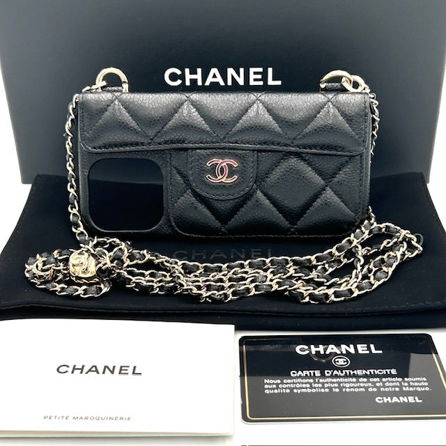 シャネル CHANEL キャビアスキン マトラッセ iphoneケース 13pro ココマーク チェーンショルダー