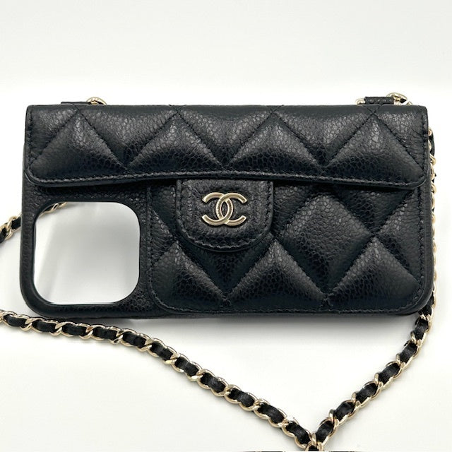 シャネル CHANEL キャビアスキン マトラッセ iphoneケース 13pro ココマーク チェーンショルダー