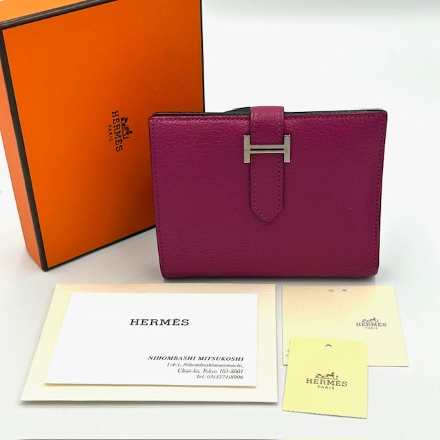 HERMES　エルメス　ベアンコンパクト　シェーブル　□H　パープル　シルバー エルメス HERMES ベアン コンパクト シェーブル 折財布 シルバー金具