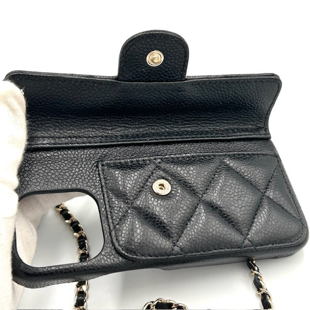 シャネル CHANEL キャビアスキン マトラッセ iphoneケース 13pro ココマーク チェーンショルダー